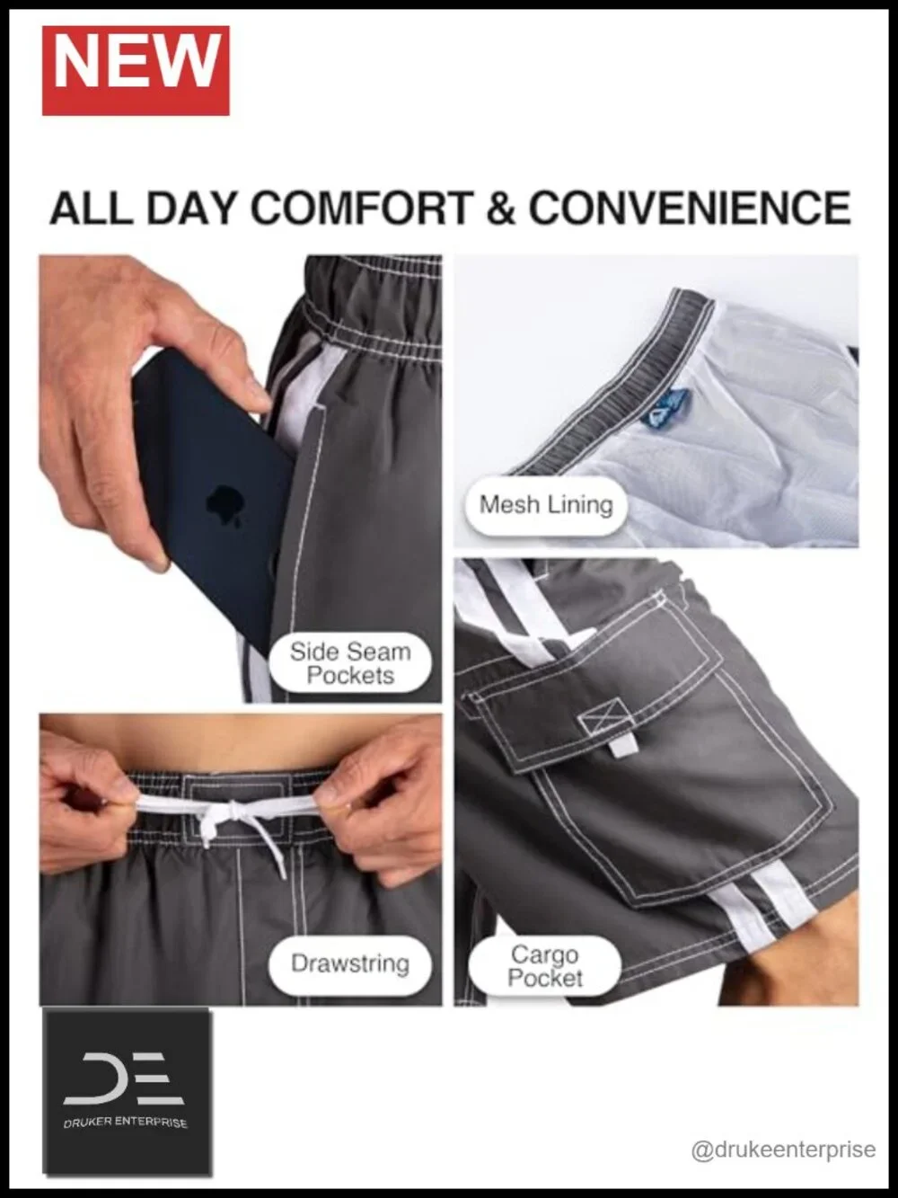 UPF 50+ Quick Dry Microfiber Swim Trunks with Pockets & Mesh Lining